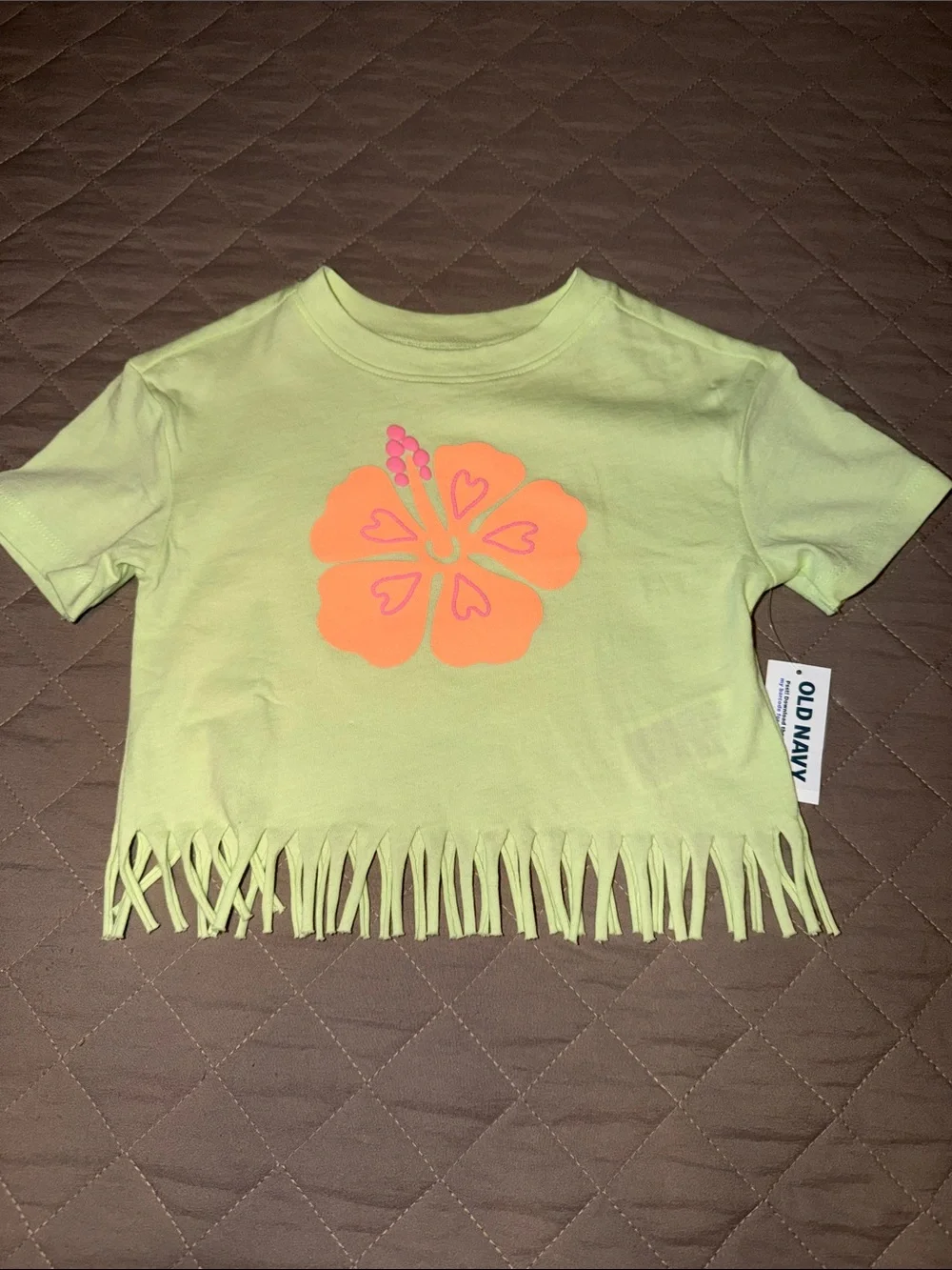 Old Navy Neon Yellow Crop Tee with Orange & Pink Hibiscus